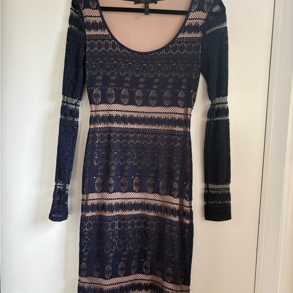 BCBGMaxAzria Blue and Tan Bodycon Dress with Bishop Sleeves